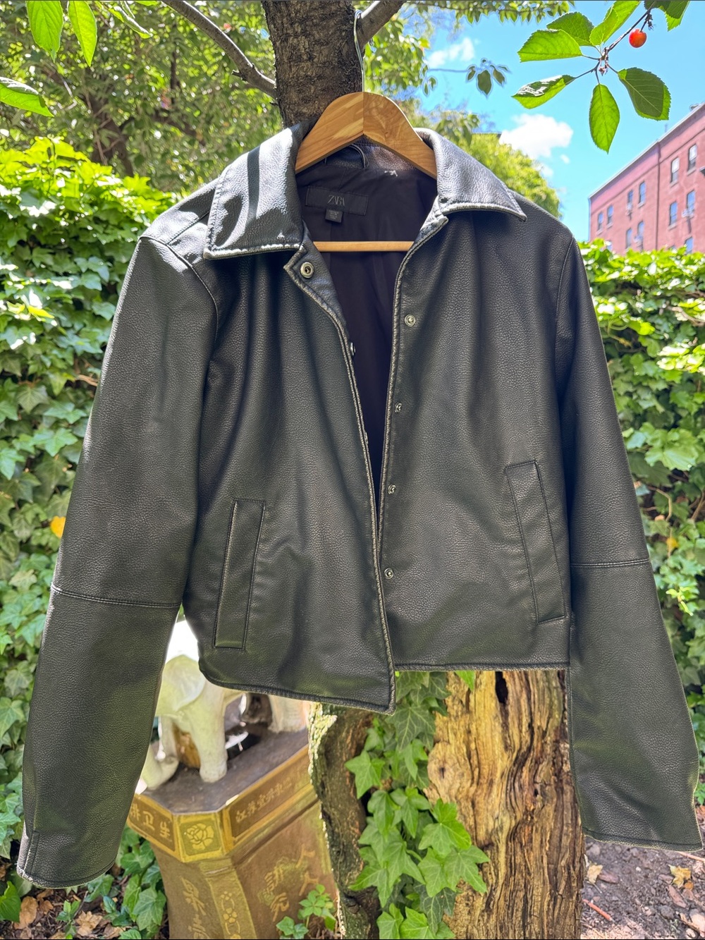 Zara brown faux leather cropped bomber style  jacket